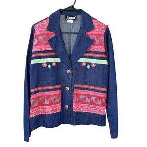 Vintage Gepetto Embellished‎ Denim Blazer Jacket Women's S Red & Gold Buttons